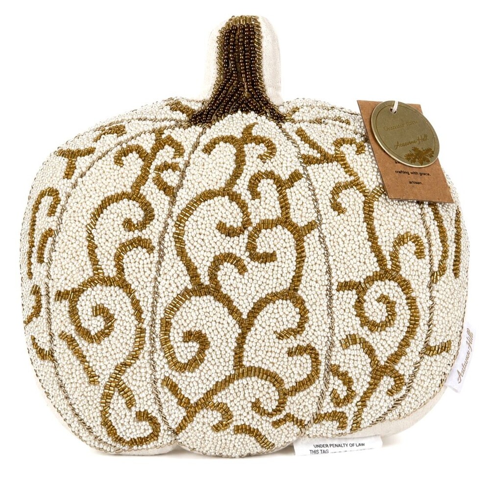 Autumn Hill Beaded Fall Pumpkin Accent Pillow Gold Scroll Thanksgiving Decor